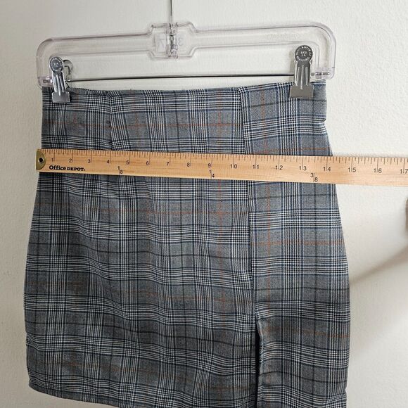 NWT Windsor Gray & Orange Plaid Print High Waist Side Slit Stretch Mini Skirt S - Picture 7 of 8